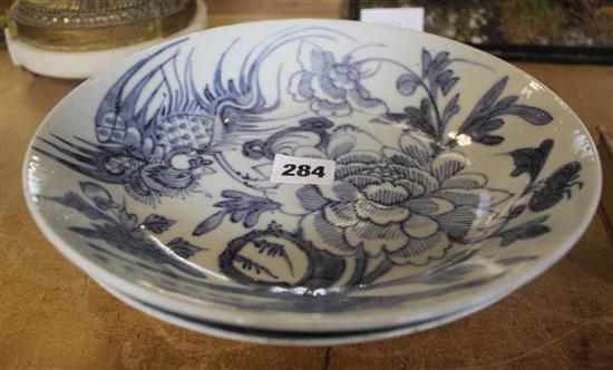 Two Chinese blue and white phoenix and peony dishes